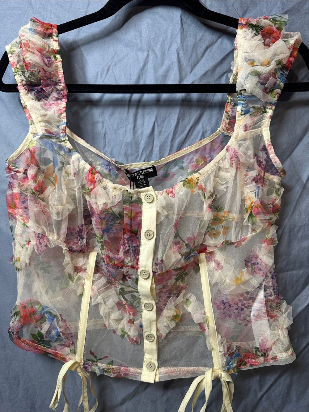 PrettyLittleThing Cream Floral Ruffle Corset Crop Top